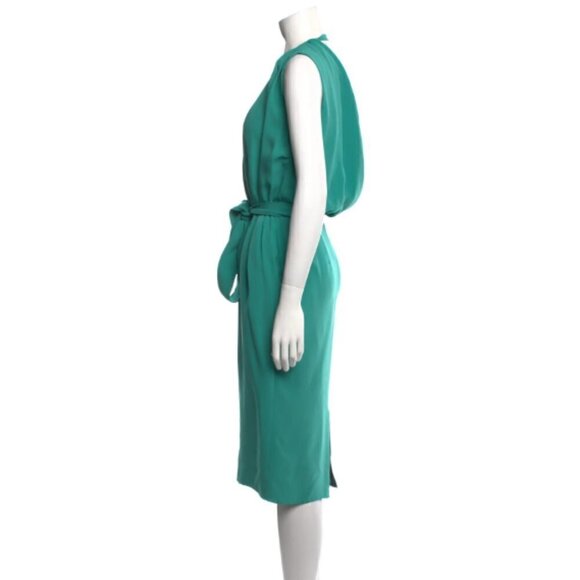 Costello Tagliapietra Blue Green Plunge Back Tie Waist Silk Midi Dress - Picture 9 of 9